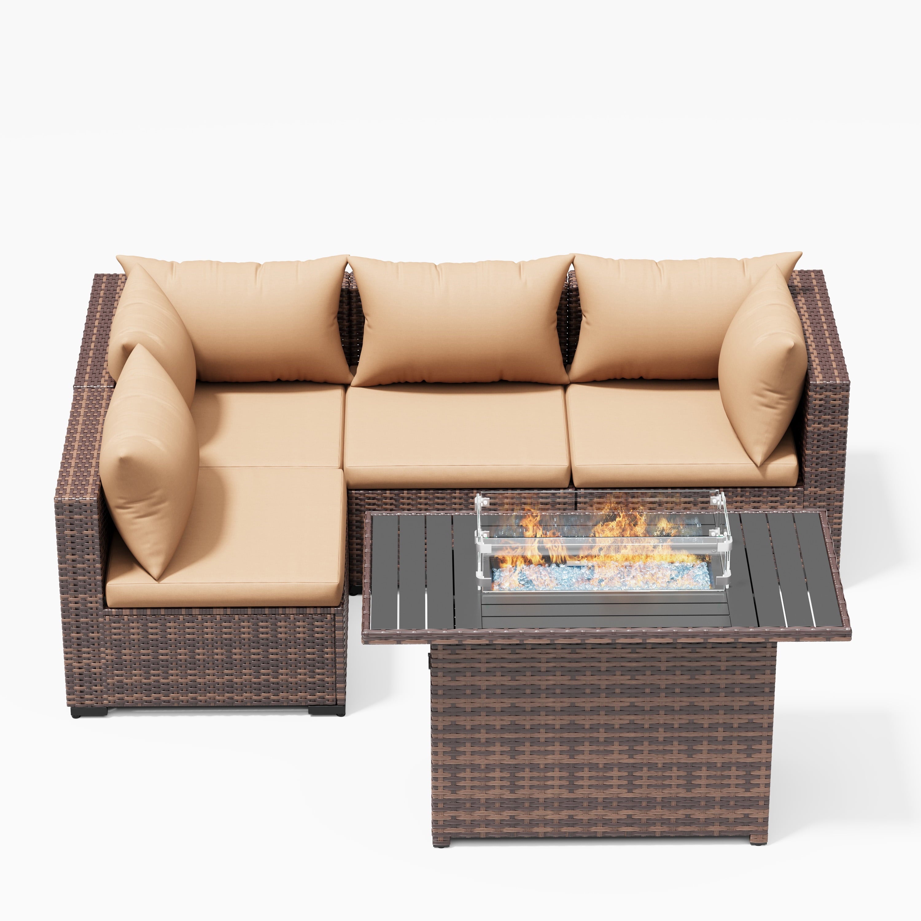 Patio Furniture Set, Outdoor Patio Furniture Wicker Sectional Furniture Couch Set,5 Pieces Outdoor Sectional Sofa with Fire Pit Table, Outdoor Patio Set for Porch Furniture (Beige)