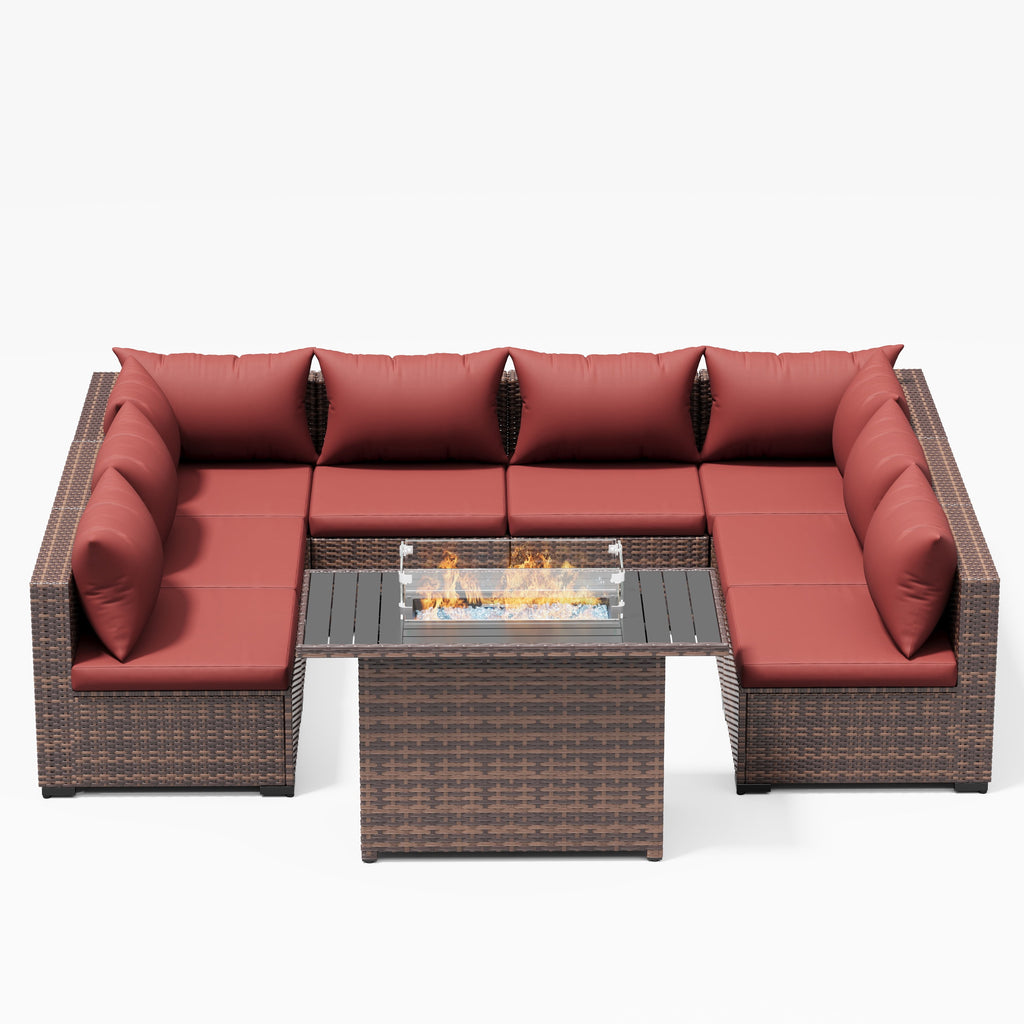 Patio Furniture Set, Outdoor Patio Furniture Wicker Sectional Furniture Couch Set, 9 Pieces Outdoor Sectional Sofa with Fire Pit Table, Outdoor Patio Set for Outdoor Furniture (Burgundy Red)