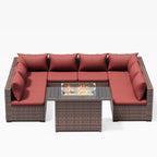 Patio Furniture Set, Outdoor Patio Furniture Wicker Sectional Furniture Couch Set, 9 Pieces Outdoor Sectional Sofa with Fire Pit Table, Outdoor Patio Set for Outdoor Furniture (Burgundy Red)