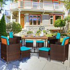 9PCS Rattan Wicker Patio Dining Set Outdoor Furniture Set W/ Turquoise Cushion