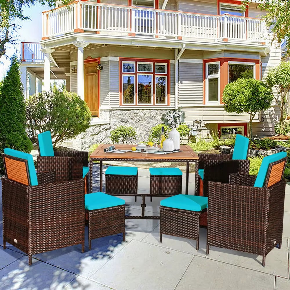 9PCS Rattan Wicker Patio Dining Set Outdoor Furniture Set W/ Turquoise Cushion