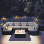 Outdoor Patio Furniture Set Wicker Rattan Patio Conversation Set with Fire Pit Table Sectional Sofa Set Seating Furniture with Thickened Cushion (Light Gray - Square Fire Pit Table)