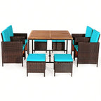 9PCS Rattan Wicker Patio Dining Set Outdoor Furniture Set W/ Turquoise Cushion