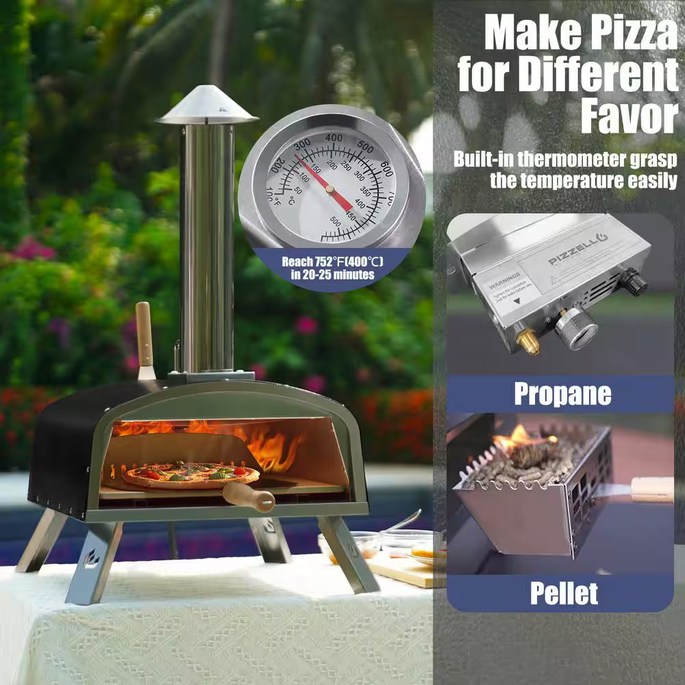 16 In. Propane and Wood Fired Stainless Steel Outdoor Pizza Oven with Gas Burner, Black