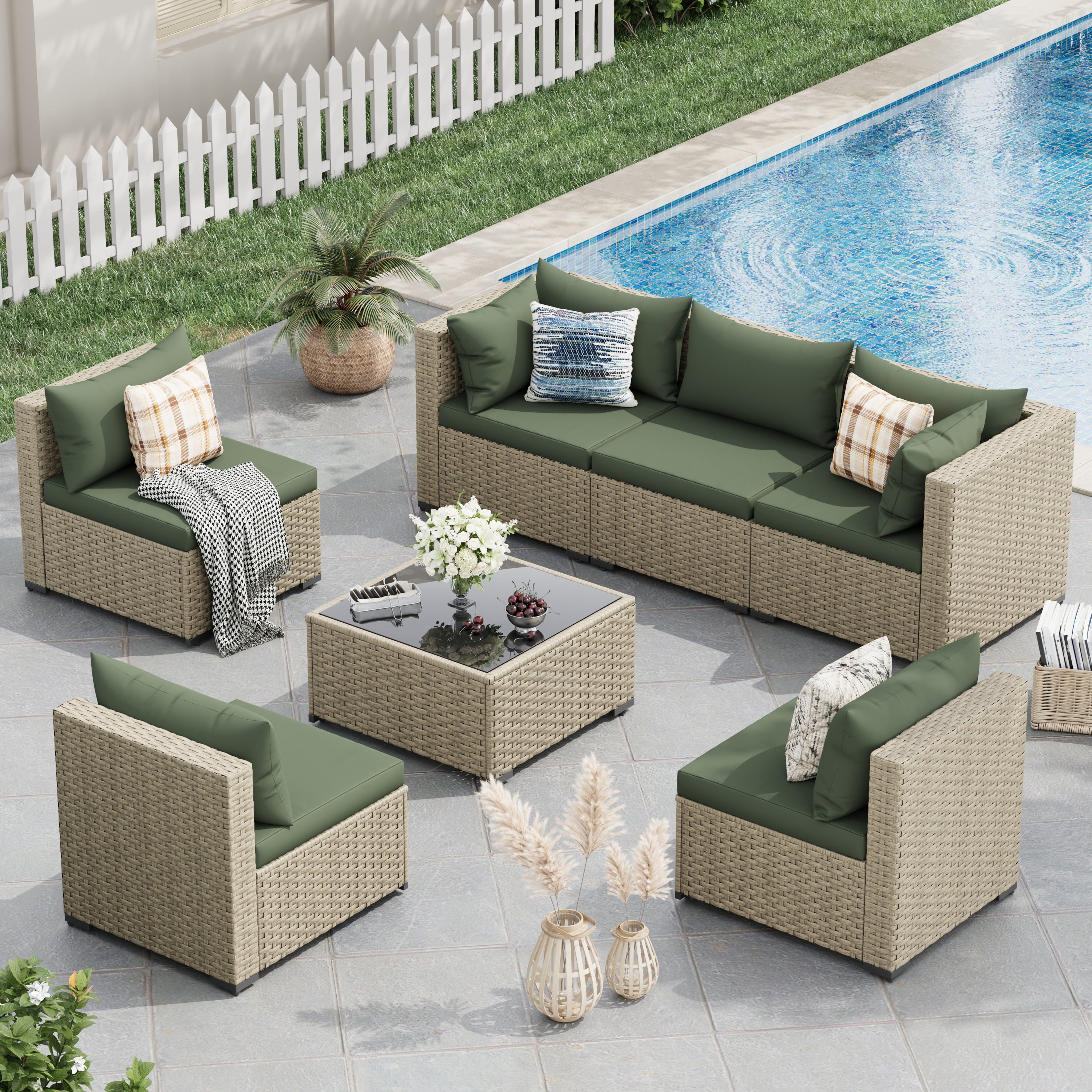 7 Pieces Outdoor Patio Furniture Set, Grey Rattan Wicker Outdoor Conversation Sectional Sofa Set with Cushions for Backyard, Green