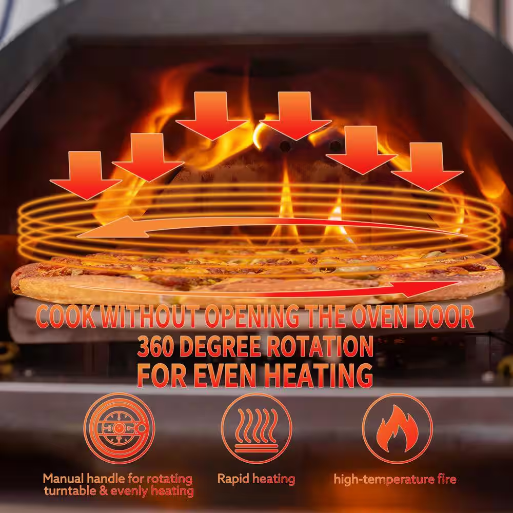 12In Portable Silver Wood-Fired Outdoor Pizza Oven, Includes a Baking Tray, Grill, and Various Accessories.