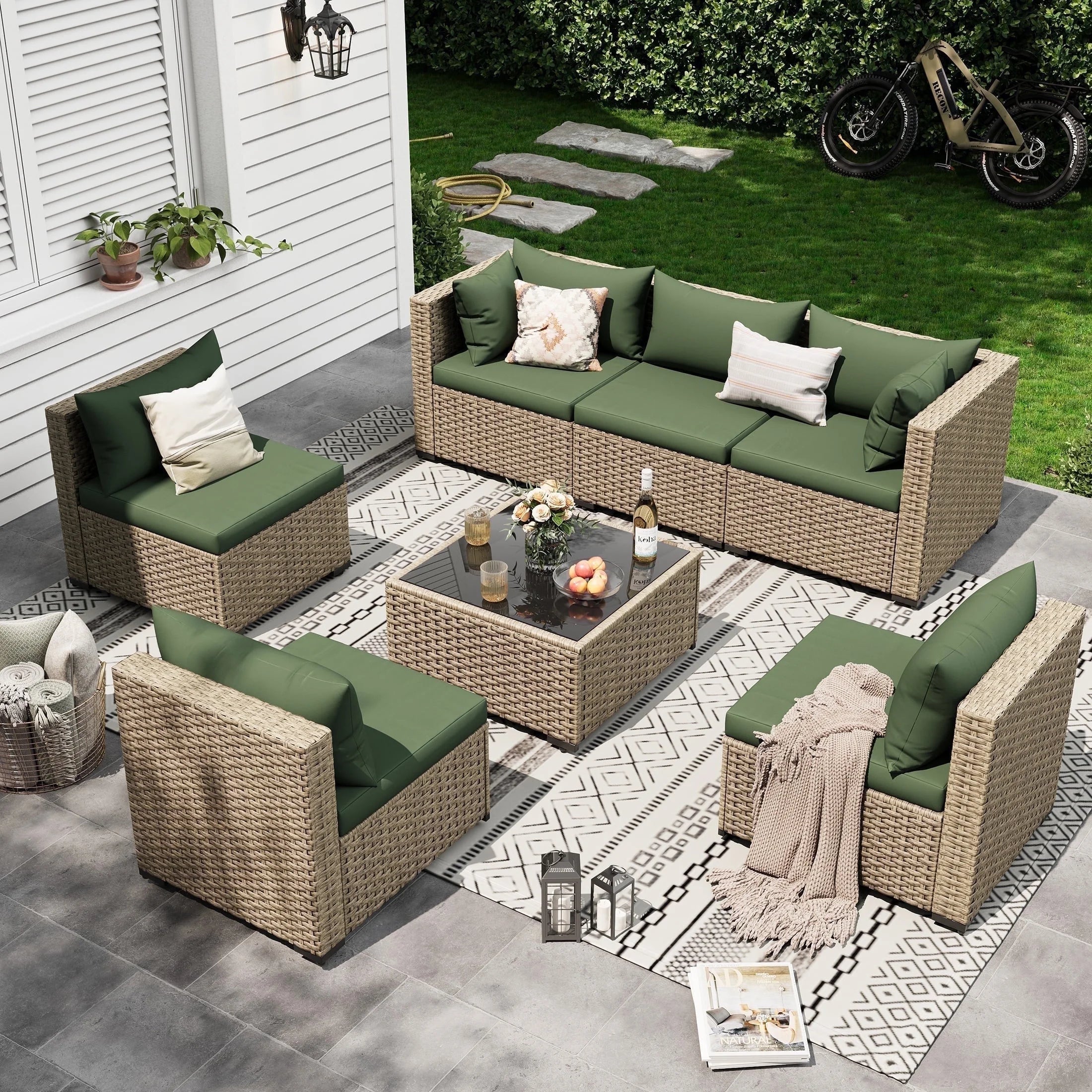 7 Pieces Outdoor Patio Furniture Set, Grey Rattan Wicker Outdoor Conversation Sectional Sofa Set with Cushions for Backyard, Green