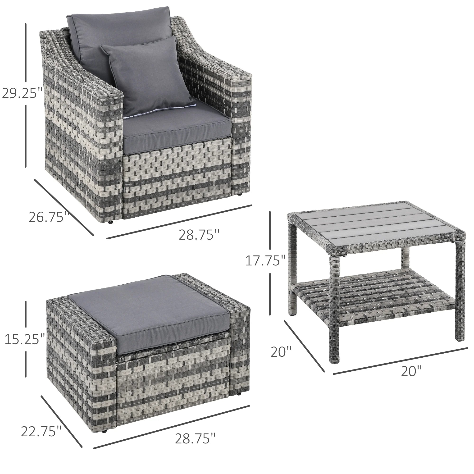 5 Piece Patio Furniture Set, Chairs, Ottoman, Coffee Table, Gray