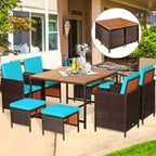9PCS Rattan Wicker Patio Dining Set Outdoor Furniture Set W/ Turquoise Cushion