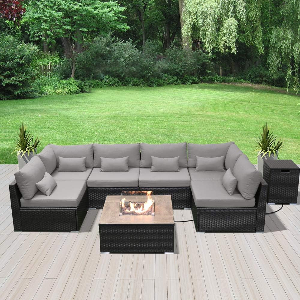 Outdoor Patio Furniture Set Wicker Rattan Patio Conversation Set with Fire Pit Table Sectional Sofa Set Seating Furniture with Thickened Cushion (Light Gray - Square Fire Pit Table)