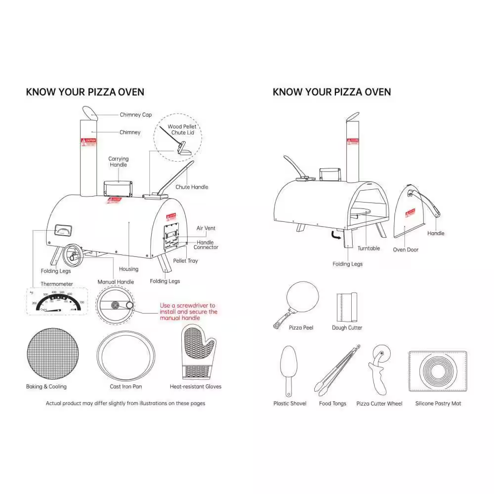 12In Portable Silver Wood-Fired Outdoor Pizza Oven, Includes a Baking Tray, Grill, and Various Accessories.