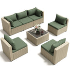 7 Pieces Outdoor Patio Furniture Set, Grey Rattan Wicker Outdoor Conversation Sectional Sofa Set with Cushions for Backyard, Green