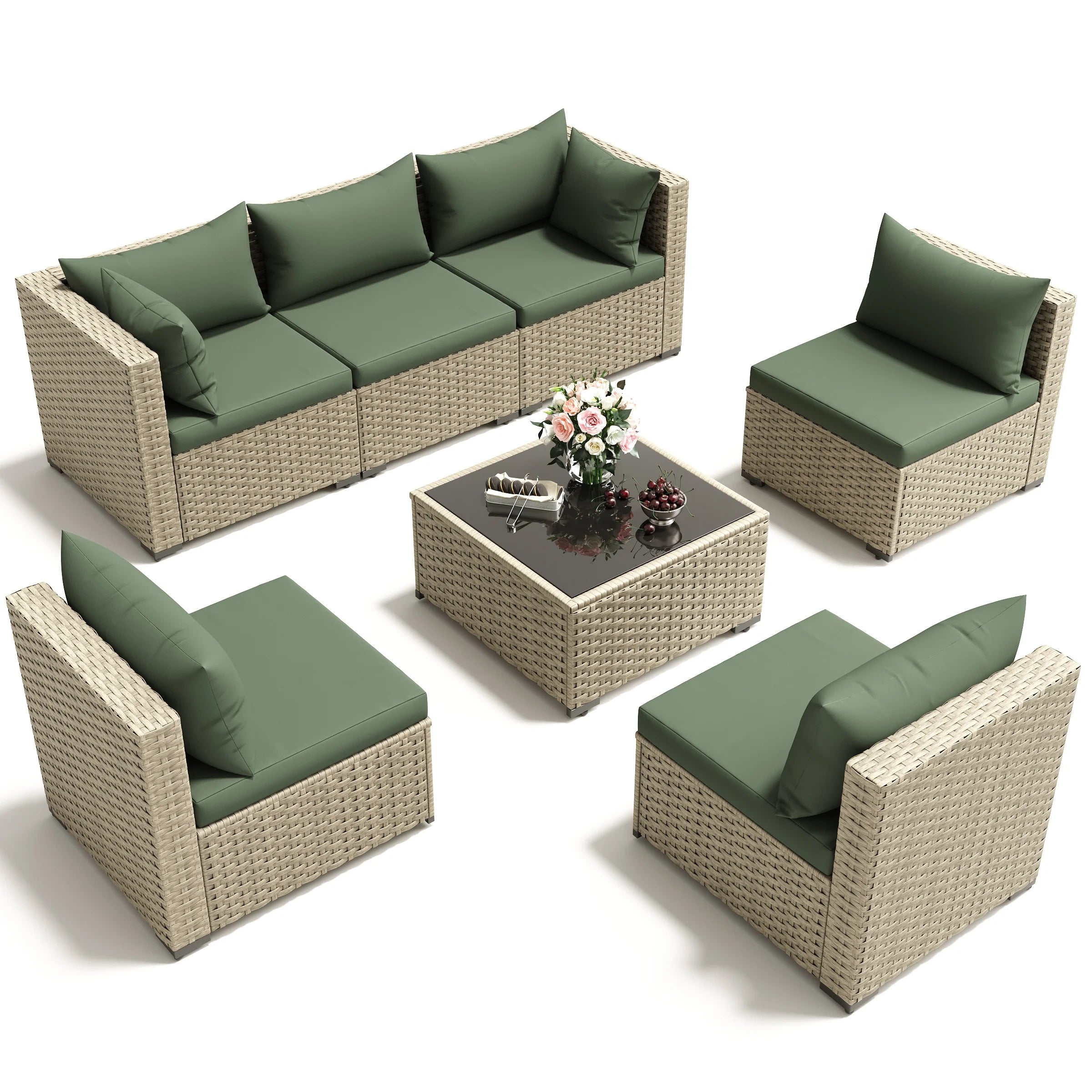 7 Pieces Outdoor Patio Furniture Set, Grey Rattan Wicker Outdoor Conversation Sectional Sofa Set with Cushions for Backyard, Green
