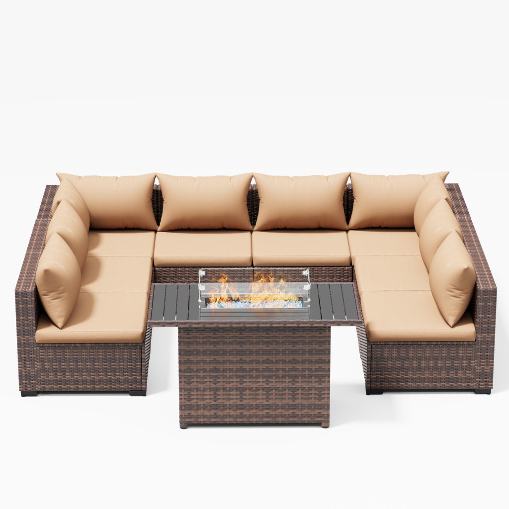 Patio Furniture Set, Outdoor Patio Furniture Wicker Sectional Furniture Couch Set, 9 Pieces Outdoor Sectional Sofa with Fire Pit Table, Outdoor Patio Set for Outdoor Furniture (Beige)