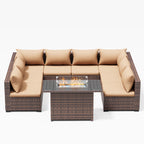 Patio Furniture Set, Outdoor Patio Furniture Wicker Sectional Furniture Couch Set, 9 Pieces Outdoor Sectional Sofa with Fire Pit Table, Outdoor Patio Set for Outdoor Furniture (Beige)