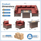 Patio Furniture Set, Outdoor Patio Furniture Wicker Sectional Furniture Couch Set, 9 Pieces Outdoor Sectional Sofa with Fire Pit Table, Outdoor Patio Set for Outdoor Furniture (Burgundy Red)
