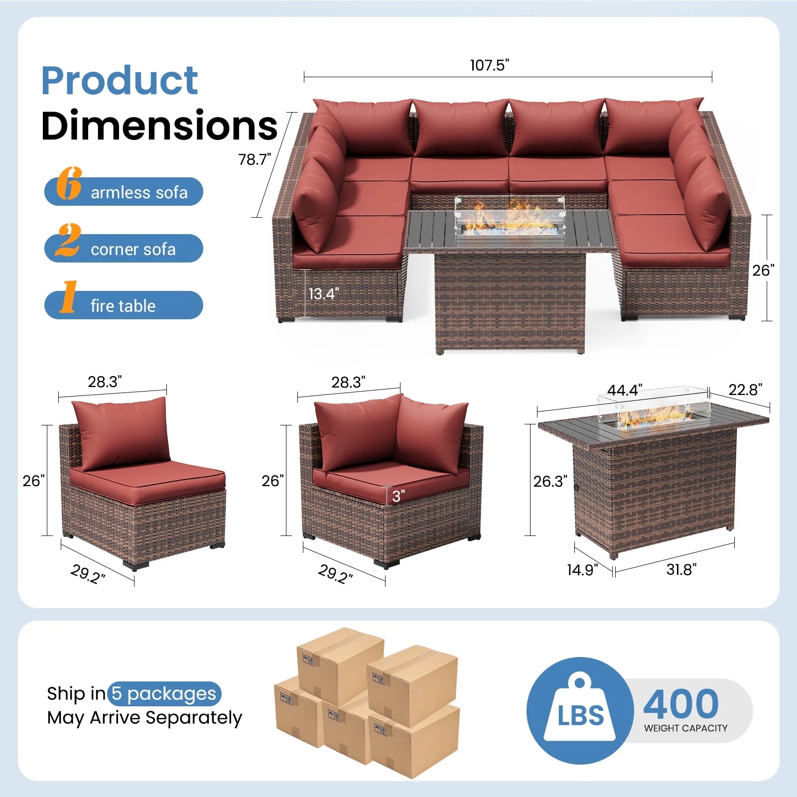 Patio Furniture Set, Outdoor Patio Furniture Wicker Sectional Furniture Couch Set, 9 Pieces Outdoor Sectional Sofa with Fire Pit Table, Outdoor Patio Set for Outdoor Furniture (Burgundy Red)
