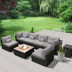 Outdoor Patio Furniture Set Wicker Rattan Patio Conversation Set with Fire Pit Table Sectional Sofa Set Seating Furniture with Thickened Cushion (Light Gray - Square Fire Pit Table)