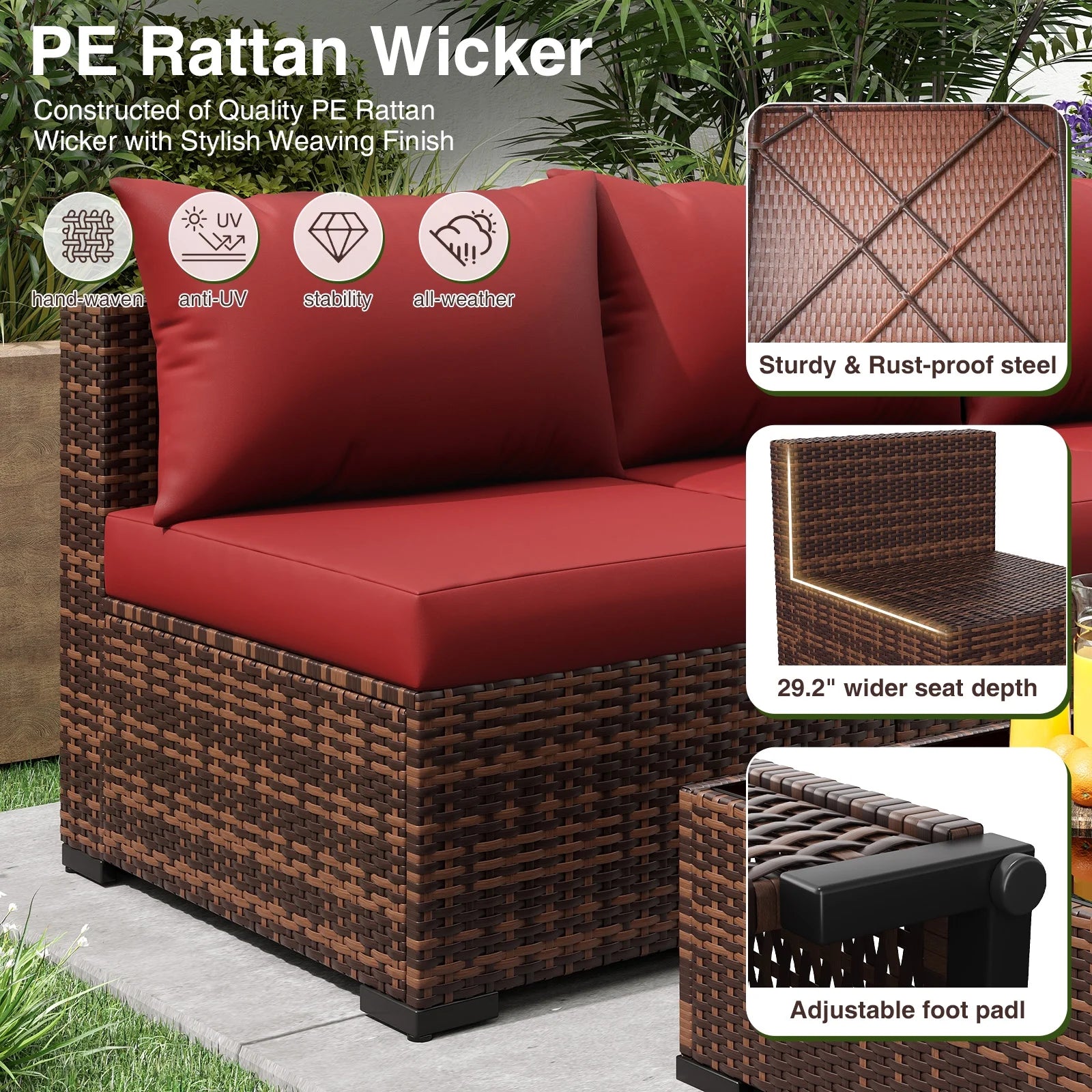 Patio Furniture Set, Outdoor Patio Furniture Wicker Sectional Furniture Couch Set, 9 Pieces Outdoor Sectional Sofa with Fire Pit Table, Outdoor Patio Set for Outdoor Furniture (Burgundy Red)