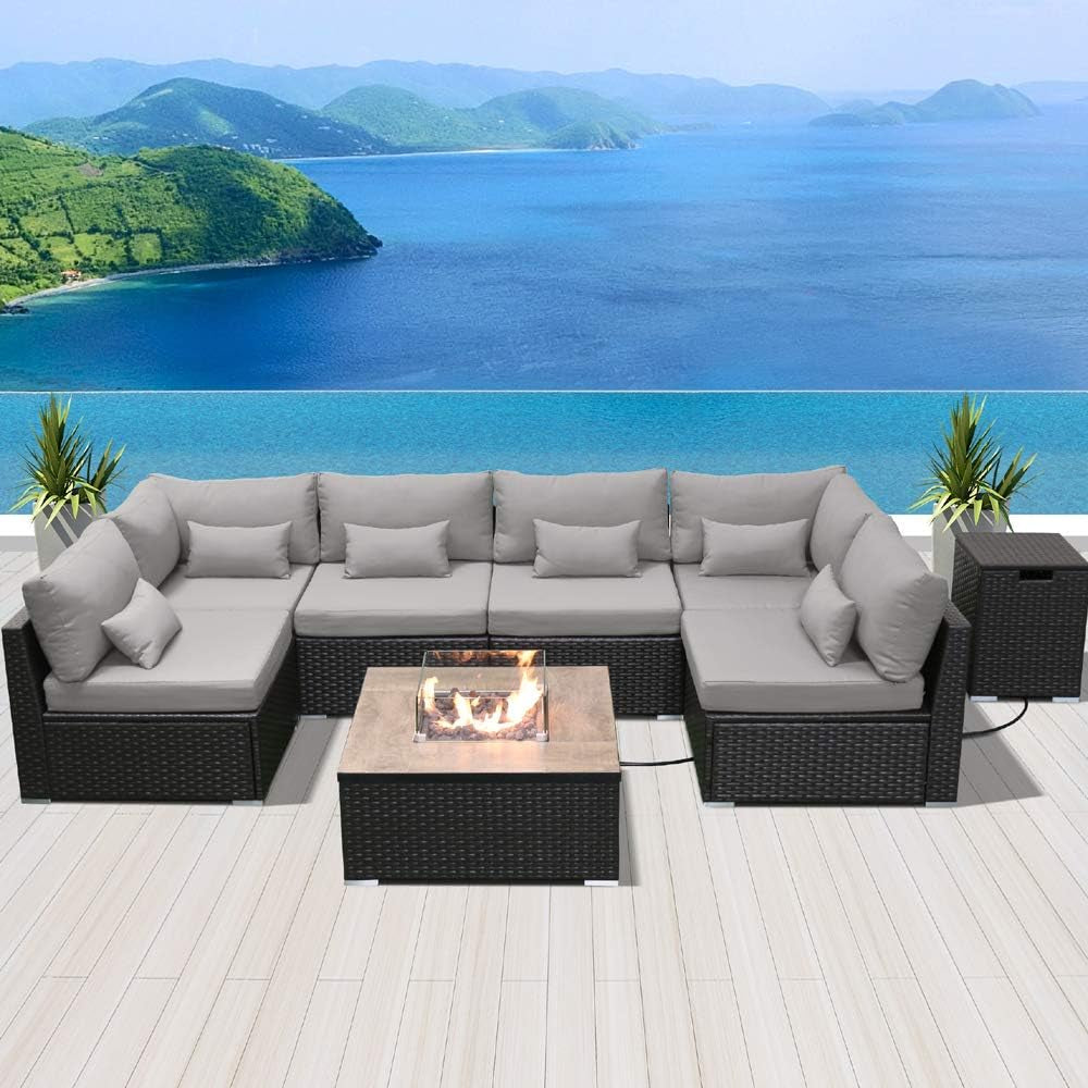 Outdoor Patio Furniture Set Wicker Rattan Patio Conversation Set with Fire Pit Table Sectional Sofa Set Seating Furniture with Thickened Cushion (Light Gray - Square Fire Pit Table)