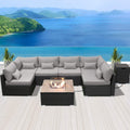 Outdoor Patio Furniture Set Wicker Rattan Patio Conversation Set with Fire Pit Table Sectional Sofa Set Seating Furniture with Thickened Cushion (Light Gray - Square Fire Pit Table)