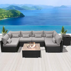 Outdoor Patio Furniture Set Wicker Rattan Patio Conversation Set with Fire Pit Table Sectional Sofa Set Seating Furniture with Thickened Cushion (Light Gray - Square Fire Pit Table)