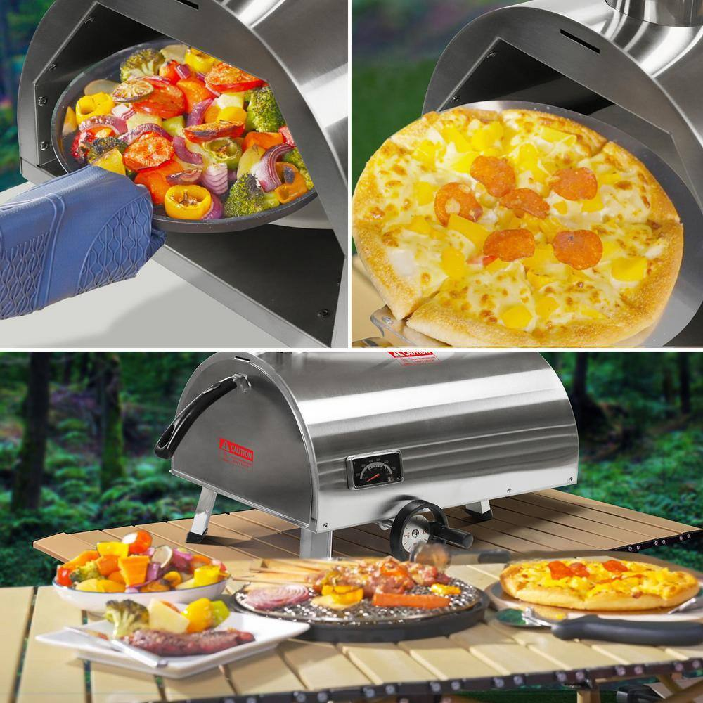 12In Portable Silver Wood-Fired Outdoor Pizza Oven, Includes a Baking Tray, Grill, and Various Accessories.