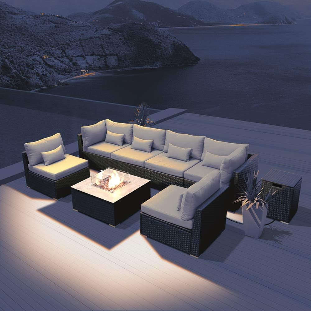 Outdoor Patio Furniture Set Wicker Rattan Patio Conversation Set with Fire Pit Table Sectional Sofa Set Seating Furniture with Thickened Cushion (Light Gray - Square Fire Pit Table)