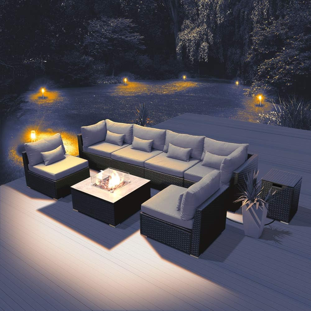 Outdoor Patio Furniture Set Wicker Rattan Patio Conversation Set with Fire Pit Table Sectional Sofa Set Seating Furniture with Thickened Cushion (Light Gray - Square Fire Pit Table)
