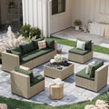 7 Pieces Outdoor Patio Furniture Set, Grey Rattan Wicker Outdoor Conversation Sectional Sofa Set with Cushions for Backyard, Green
