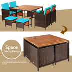 9PCS Rattan Wicker Patio Dining Set Outdoor Furniture Set W/ Turquoise Cushion