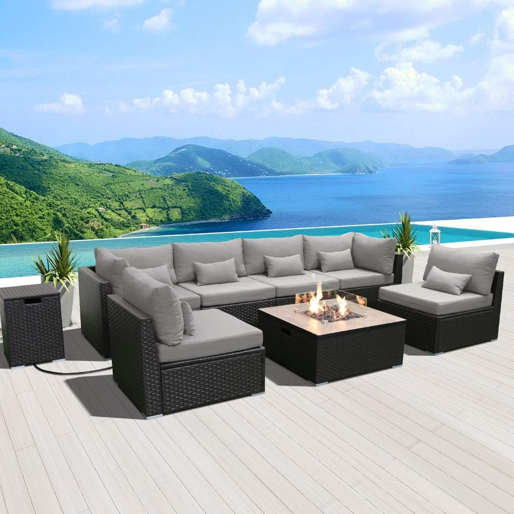 Outdoor Patio Furniture Set Wicker Rattan Patio Conversation Set with Fire Pit Table Sectional Sofa Set Seating Furniture with Thickened Cushion (Light Gray - Square Fire Pit Table)