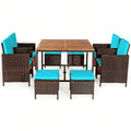 9PCS Rattan Wicker Patio Dining Set Outdoor Furniture Set W/ Turquoise Cushion