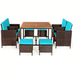 9PCS Rattan Wicker Patio Dining Set Outdoor Furniture Set W/ Turquoise Cushion
