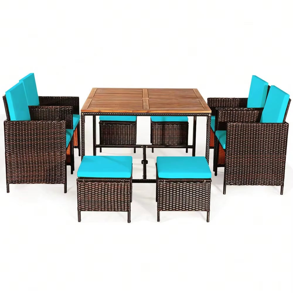 9PCS Rattan Wicker Patio Dining Set Outdoor Furniture Set W/ Turquoise Cushion