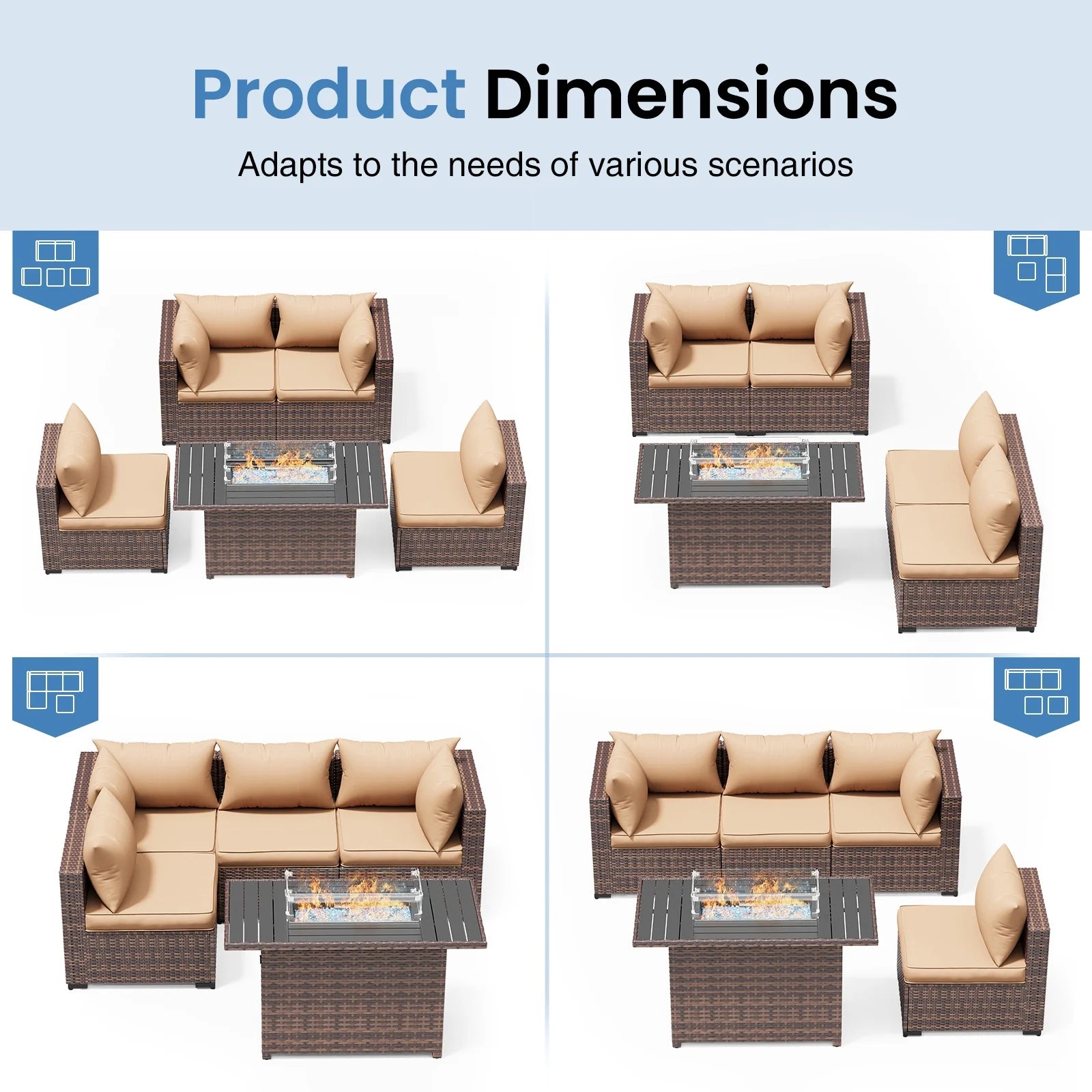 Patio Furniture Set, Outdoor Patio Furniture Wicker Sectional Furniture Couch Set,5 Pieces Outdoor Sectional Sofa with Fire Pit Table, Outdoor Patio Set for Porch Furniture (Beige)