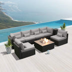 Outdoor Patio Furniture Set Wicker Rattan Patio Conversation Set with Fire Pit Table Sectional Sofa Set Seating Furniture with Thickened Cushion (Light Gray - Square Fire Pit Table)