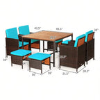 9PCS Rattan Wicker Patio Dining Set Outdoor Furniture Set W/ Turquoise Cushion