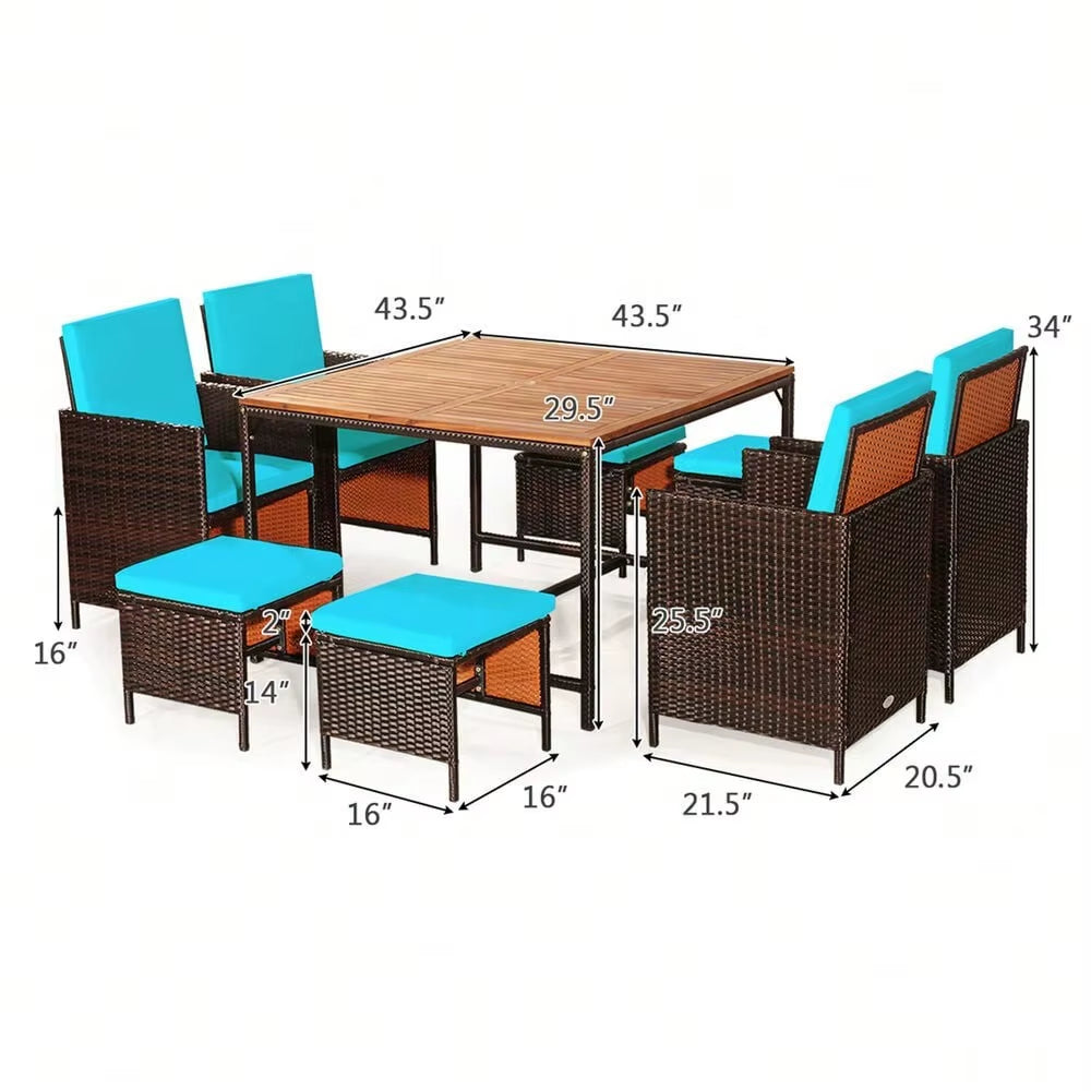 9PCS Rattan Wicker Patio Dining Set Outdoor Furniture Set W/ Turquoise Cushion