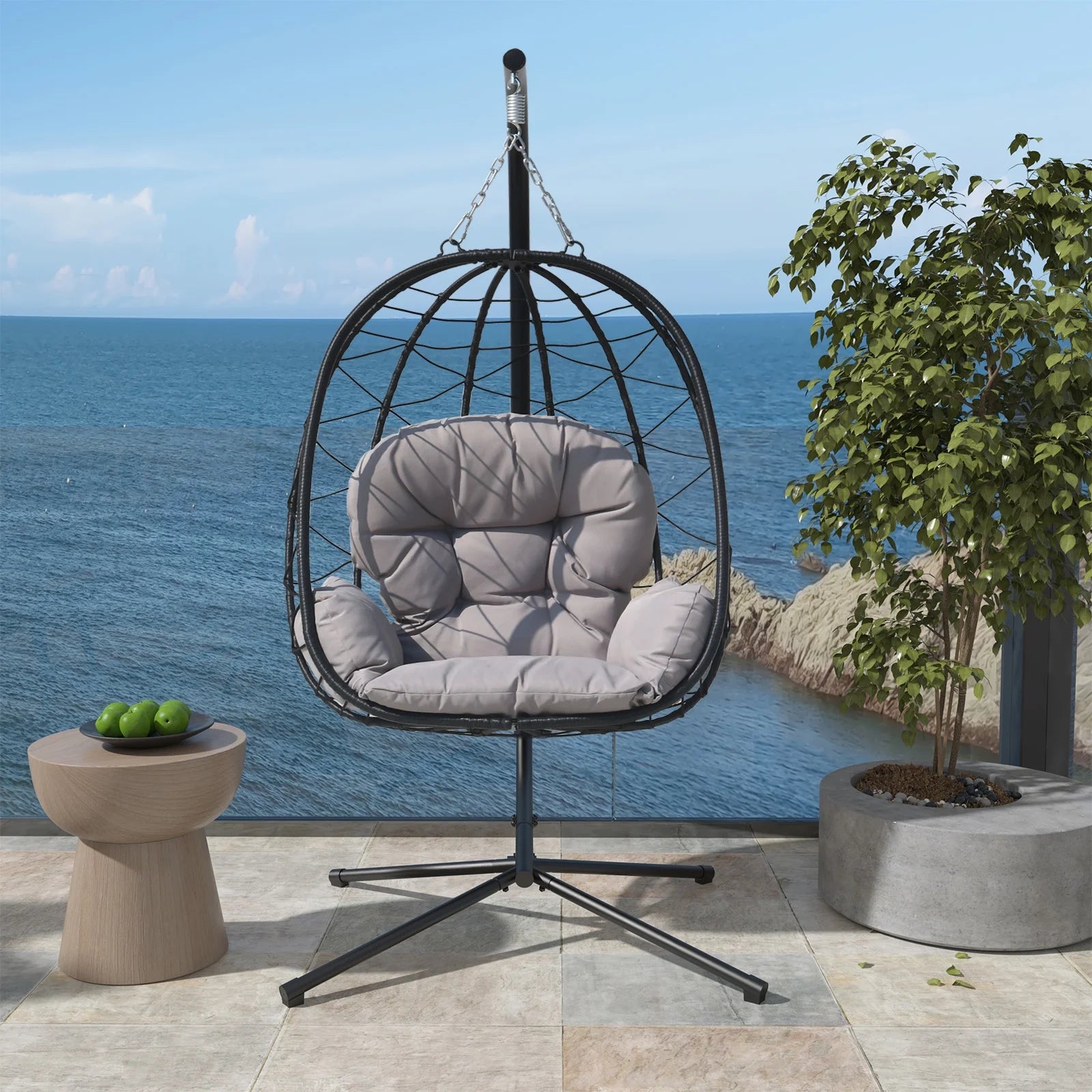 Adult Steel Egg Hanging Chair with Cushion, Black