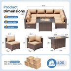 Patio Furniture Set, Outdoor Patio Furniture Wicker Sectional Furniture Couch Set, 9 Pieces Outdoor Sectional Sofa with Fire Pit Table, Outdoor Patio Set for Outdoor Furniture (Beige)