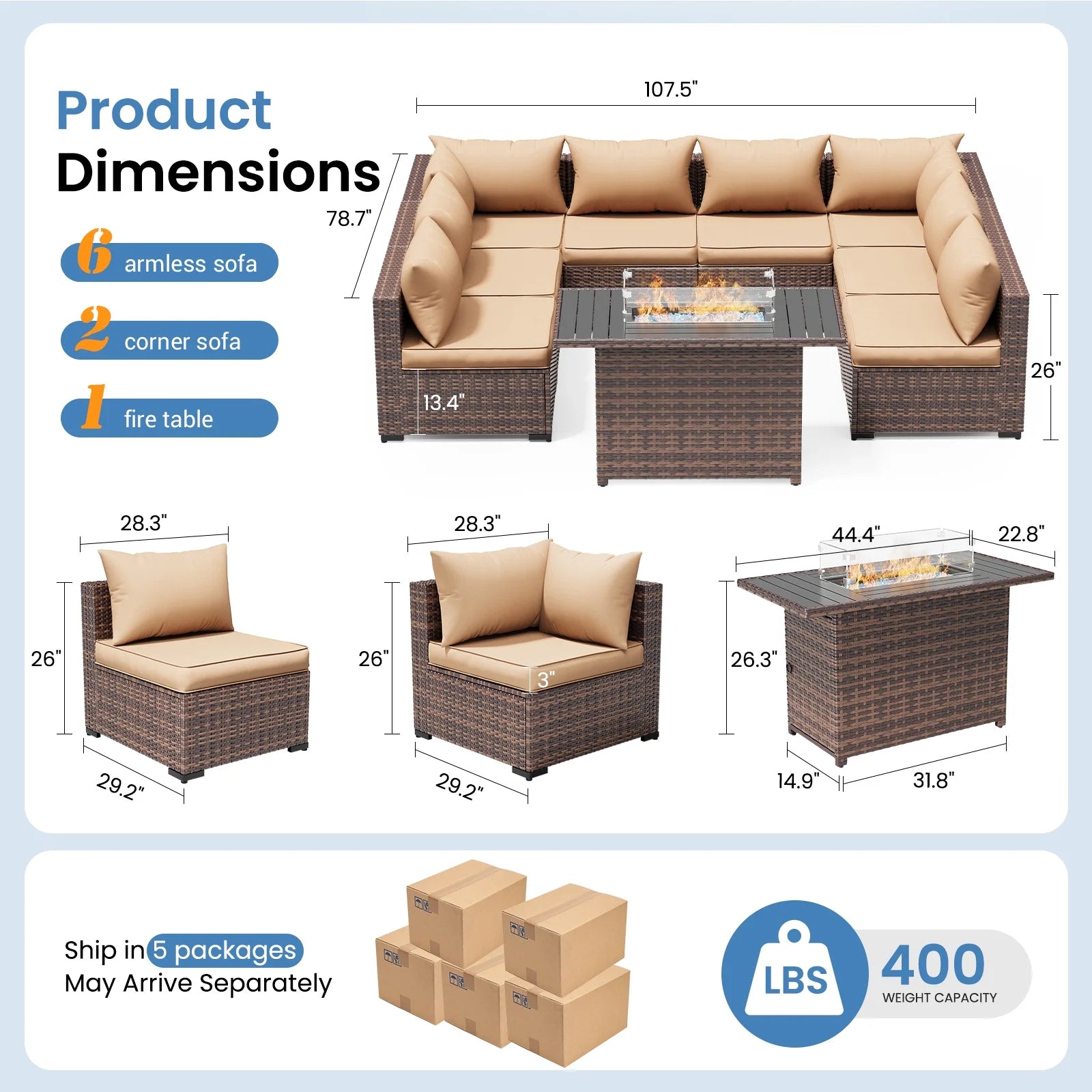 Patio Furniture Set, Outdoor Patio Furniture Wicker Sectional Furniture Couch Set, 9 Pieces Outdoor Sectional Sofa with Fire Pit Table, Outdoor Patio Set for Outdoor Furniture (Beige)