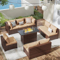 Patio Furniture Set, Outdoor Patio Furniture Wicker Sectional Furniture Couch Set, 9 Pieces Outdoor Sectional Sofa with Fire Pit Table, Outdoor Patio Set for Outdoor Furniture (Beige)