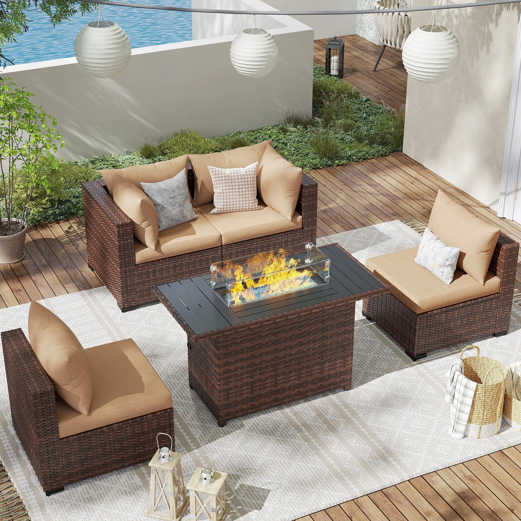 Patio Furniture Set, Outdoor Patio Furniture Wicker Sectional Furniture Couch Set,5 Pieces Outdoor Sectional Sofa with Fire Pit Table, Outdoor Patio Set for Porch Furniture (Beige)
