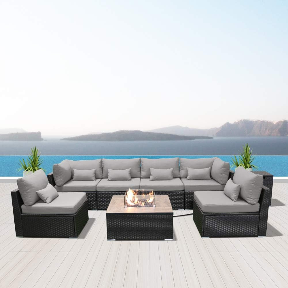 Outdoor Patio Furniture Set Wicker Rattan Patio Conversation Set with Fire Pit Table Sectional Sofa Set Seating Furniture with Thickened Cushion (Light Gray - Square Fire Pit Table)