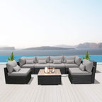 Outdoor Patio Furniture Set Wicker Rattan Patio Conversation Set with Fire Pit Table Sectional Sofa Set Seating Furniture with Thickened Cushion (Light Gray - Square Fire Pit Table)