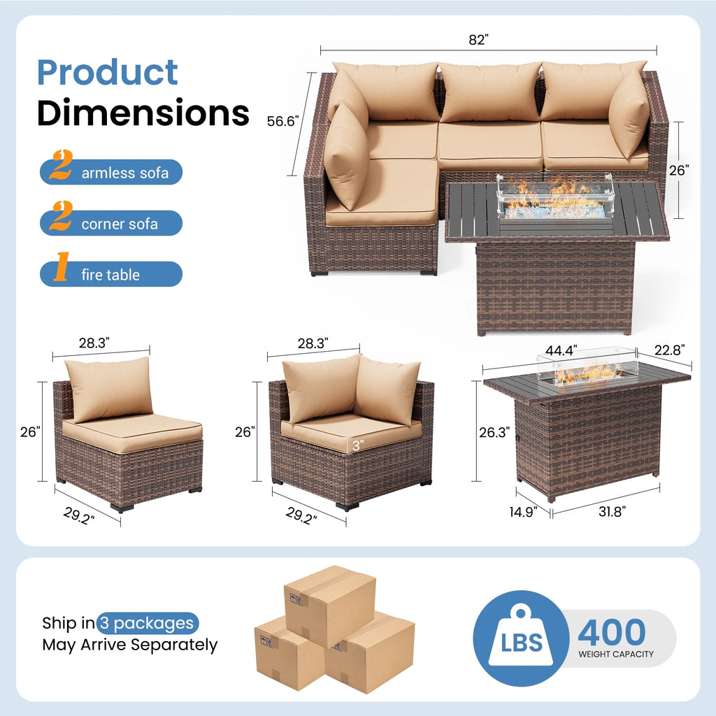 Patio Furniture Set, Outdoor Patio Furniture Wicker Sectional Furniture Couch Set,5 Pieces Outdoor Sectional Sofa with Fire Pit Table, Outdoor Patio Set for Porch Furniture (Beige)
